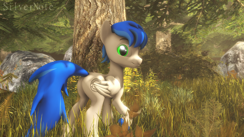 Size: 1920x1080 | Tagged: safe, artist:pesty_skillengton, artist:silvernote, derpibooru import, oc, oc:record melodie, unofficial characters only, pegasus, pony, 3d, butt, forest, looking at you, male, nudity, plot, source filmmaker, stallion