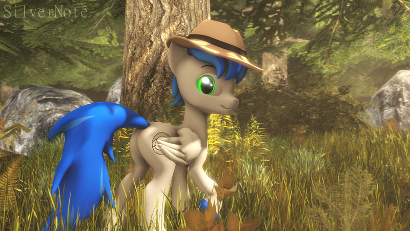 Size: 1920x1080 | Tagged: safe, artist:pesty_skillengton, artist:silvernote, derpibooru import, oc, oc:record melodie, unofficial characters only, pegasus, pony, 3d, butt, fedora, forest, hat, looking at you, male, nudity, plot, source filmmaker, stallion