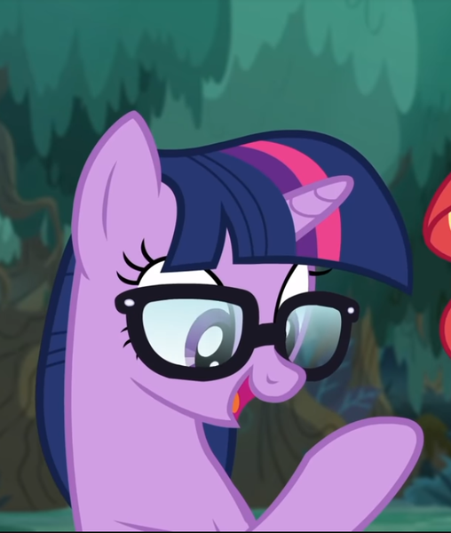 Size: 651x769 | Tagged: safe, derpibooru import, screencap, sci-twi, sunset shimmer, twilight sparkle, ponified, pony, unicorn, equestria girls, equestria girls series, spring breakdown, spoiler:eqg series (season 2), cropped, equestria girls ponified, glasses, offscreen character, open mouth, raised hoof, smiling, solo focus, unicorn sci-twi