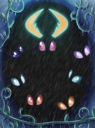 Size: 767x1024 | Tagged: artist:racingwolf, changedling, changeling, darkness, derpibooru import, eye, eyes, eyes in the dark, fanfic, fanfic art, fanfic cover, fanfic:rain curfews, glowing antlers, glowing horn, horn, king thorax, rain, safe, thorax