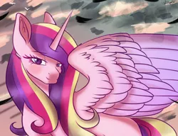 Size: 3000x2300 | Tagged: safe, artist:greenmarta, derpibooru import, princess cadance, alicorn, pony, bedroom eyes, cute, cutedance, ear fluff, female, looking at you, mare, solo, spread wings, wing fluff, wings