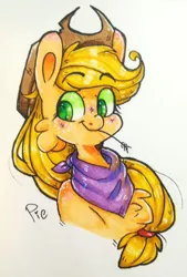 Size: 1615x2385 | Tagged: safe, artist:soundwavepie, derpibooru import, applejack, pony, bandana, blushing, bust, cheek fluff, chest fluff, colored pupils, cute, freckles, jackabetes, marker drawing, neckerchief, portrait, shoulder freckles, solo, straw in mouth, traditional art