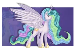 Size: 4961x3508 | Tagged: safe, artist:avafury, derpibooru import, princess celestia, alicorn, pony, chest fluff, female, mare, signature, smiling, solo, spread wings, wings