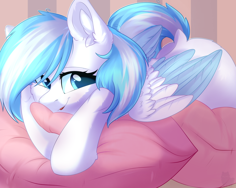Size: 2500x2000 | Tagged: safe, artist:alphadesu, derpibooru import, oc, oc:contrail skies, unofficial characters only, pegasus, pony, cheek fluff, colored wings, colored wingtips, cute, ear fluff, female, ocbetes, pillow, prone, raised tail, smiling, solo, tail, wings