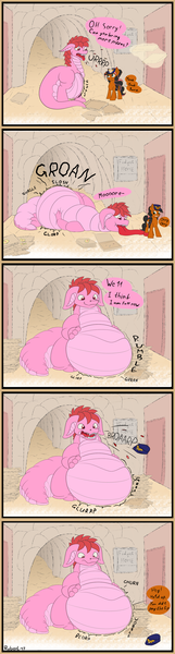 Size: 1000x3718 | Tagged: questionable, artist:rubiont, derpibooru import, oc, oc:fidget tail, oc:postal page, unofficial characters only, dracony, dragon, hybrid, pony, belly, big belly, comic, delivery pony, fat, fat fetish, female, fetish, food, hunger implied, male, mare, morbidly obese, non-fatal vore, obese, pizza, pizza box, size difference, story included, stuffed, stuffed belly, tongue wrestling, vore