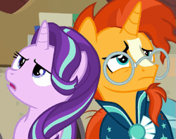 Size: 573x454 | Tagged: safe, derpibooru import, edit, edited screencap, screencap, starlight glimmer, sunburst, pony, unicorn, the parent map, animated, cropped, duo, facial hair, female, frown, gif, glasses, goatee, male, mare, open mouth, sigh, stallion, unamused