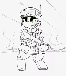 Size: 1353x1576 | Tagged: safe, artist:pabbley, derpibooru import, applejack, earth pony, pony, assault rifle, bipedal, female, goggles, gun, helmet, holding, lineart, mare, military, monochrome, neo noir, partial color, rifle, solo, watch, weapon, wristwatch