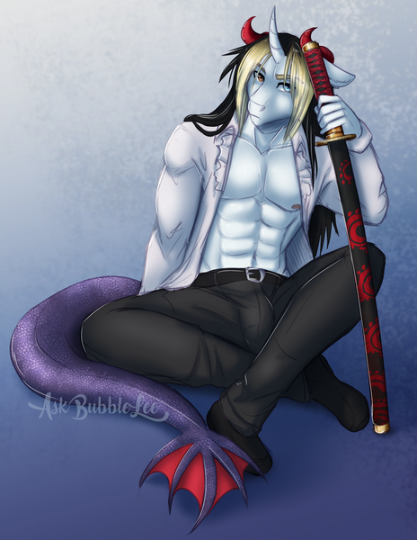 Size: 2550x3300 | Tagged: abs, anthro, anthro oc, artist:askbubblelee, clothes, crotch bulge, curved horn, derpibooru import, floppy ears, gift art, heterochromia, horn, incubus, katana, male, oc, oc:zoa, open clothes, open shirt, pants, solo, solo male, stallion, suggestive, sword, unofficial characters only, weapon