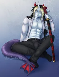 Size: 2550x3300 | Tagged: abs, anthro, anthro oc, artist:askbubblelee, clothes, crotch bulge, curved horn, derpibooru import, floppy ears, gift art, heterochromia, horn, incubus, katana, male, oc, oc:zoa, open clothes, open shirt, pants, solo, solo male, stallion, suggestive, sword, unofficial characters only, weapon