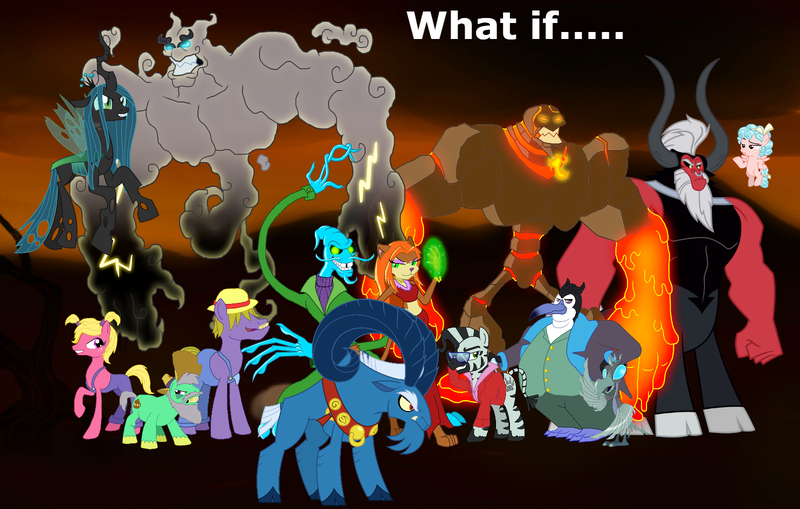 Size: 1600x1018 | Tagged: safe, artist:fercho262, artist:moheart7, artist:nukarulesthehouse1, artist:sketchmcreations, artist:vector-brony, derpibooru import, edit, vector edit, catrina, cozy glow, erebus, grogar, king charlatan, lavan, lord tirek, queen chrysalis, zeb, oc, oc:tak the fuser, ponified, air elemental, bird, centaur, changeling, elemental, fire elemental, penguin, pony, sheep, zebra, the beginning of the end, antagonist, artwork, brittles, caption, cloven hooves, dark background, female, filly, foal, g1, g1 villains, g4, group, image macro, male, mare, ram, razorbeak, stallion, text, vector, wasteland, what if