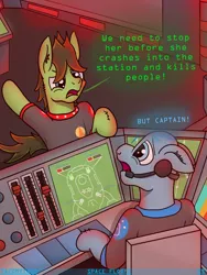 Size: 3024x4032 | Tagged: safe, artist:tacomytaco, derpibooru import, oc, oc:captain conray, oc:eickland, unofficial characters only, earth pony, pony, comic:space floofs, bipedal, bridge, clothes, comic, headset, male, shirt, text, uniform, worried