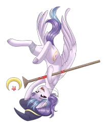 Size: 2293x2809 | Tagged: safe, artist:ohhoneybee, derpibooru import, oc, oc:shylu, pegasus, pony, female, hat, mare, simple background, solo, staff, transparent background, upside down, witch hat