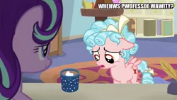 Size: 800x450 | Tagged: safe, derpibooru import, edit, edited screencap, screencap, cozy glow, rarity, starlight glimmer, pegasus, pony, marks for effort, caption, chocolate, cup, empathy cocoa, female, filly, food, hot chocolate, image macro, implied rarity, marshmallow, mug, rarity is a marshmallow, starlight's office, text