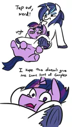 Size: 463x807 | Tagged: safe, artist:jargon scott, derpibooru import, shining armor, twilight sparkle, pony, unicorn, brother and sister, chokehold, comic, dialogue, dusk shine, female, gleaming shield, leg lock, leg wrapping, lip bite, male, rule 63, siblings, simple background, sports, tempting fate, this will end in incest, unicorn twilight, we never had one single fight, white background, wrestling