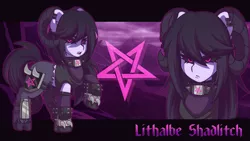 Size: 3840x2160 | Tagged: armor, artist:ciderpunk, choker, cutie mark background, darksynth, demon, demon horns, demon pony, derpibooru import, ear piercing, earring, eyeshadow, glow, glowing eyes, goat, goat pony, goth, horn, horns, jewelry, lips, looking at you, makeup, necklace, neon, oc, oc:lithalbe shadlitch, original species, pentagram, piercing, safe, spikes, undead, underworld, unofficial characters only