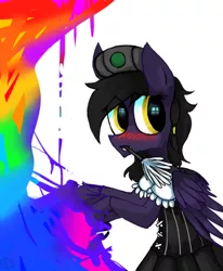 Size: 1400x1700 | Tagged: source needed, useless source url, safe, artist:bo0ottle, derpibooru import, oc, oc:mir, unofficial characters only, goo, pegasus, pony, beret, blushing, clothes, duster, eye reflection, female, hat, maid, rainbow, reflection, solo, worried