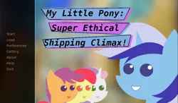 Size: 1312x768 | Tagged: safe, artist:caramel truffle, derpibooru import, apple bloom, minuette, scootaloo, sweetie belle, earth pony, pegasus, pony, unicorn, chibi, cutie mark crusaders, pointy ponies, preview, professor genki's super ethical reality climax, promotional art, saints row, text, visual novel