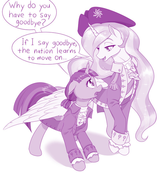 Size: 1280x1392 | Tagged: safe, artist:dstears, derpibooru import, princess celestia, twilight sparkle, twilight sparkle (alicorn), alicorn, pony, alexander hamilton, clothes, duo, female, george washington, hamilton, hat, hug, mare, monochrome, winghug