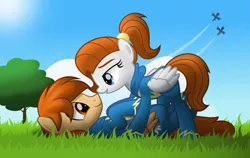 Size: 800x506 | Tagged: safe, artist:jhayarr23, derpibooru import, oc, oc:razor winds, oc:sky chase, unofficial characters only, pegasus, pony, clothes, cute, female, grass, grass field, male, oc x oc, shipping, skywinds, straight, this will end in snuggles, uniform, wonderbolts, wonderbolts uniform