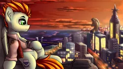 Size: 2700x1519 | Tagged: safe, artist:shido-tara, derpibooru import, oc, unofficial characters only, pegasus, pony, bridge, city, cityscape, clothes, commission, crystaller building, evening, lights, male, manehattan, scenery, smiling, solo, sunset