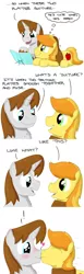 Size: 428x1386 | Tagged: safe, artist:hoofclid, derpibooru import, braeburn, oc, oc:hoofclid, pony, blushing, book, canon x oc, cute, gay, heart, kissing, male, science, smooch, thought bubble, weapons-grade cute