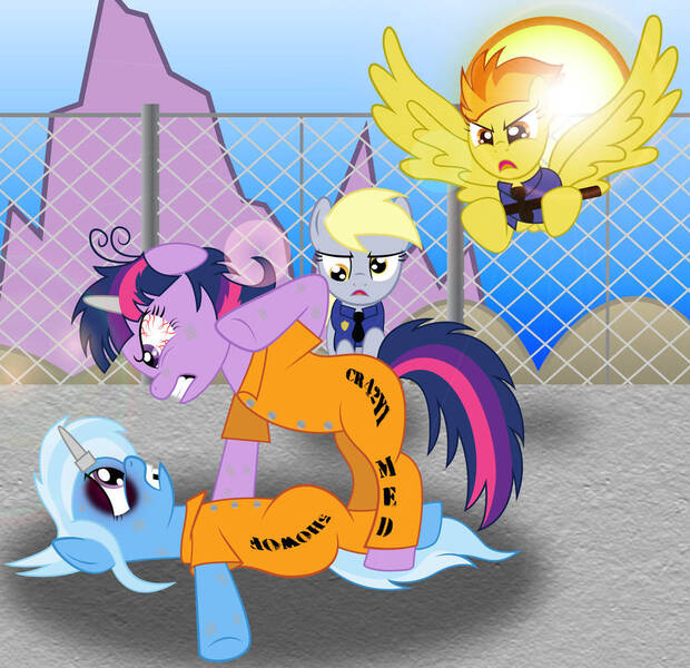 Size: 909x879 | Tagged: semi-grimdark, artist:spellboundcanvas, derpibooru import, derpy hooves, spitfire, trixie, twilight sparkle, pegasus, pony, unicorn, abuse, beatdown, black eye, bloodshot eyes, clothes, female, fight, gritted teeth, horn, horn cap, looking at each other, magic suppression, missing teeth, prison, prison outfit, prisoner, prisoner ts, punch, trixiebuse, twilight snapple, unicorn twilight