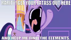 Size: 666x375 | Tagged: safe, artist:hotdiggedydemon, derpibooru import, edit, edited screencap, editor:undeadponysoldier, screencap, twilight sparkle, unicorn, .mov, dress.mov, alternate cutie mark, caption, female, get your fat ass out here, image macro, implied elements of harmony, implied rarity, knocking on door, mare, meme, open mouth, solo, teeth, text, tongue out, vulgar, window, yelling