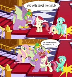 Size: 5088x5488 | Tagged: safe, artist:aleximusprime, artist:disneymarvel96, derpibooru import, fluttershy, lyra heartstrings, roseluck, spike, dragon, earth pony, pegasus, pony, unicorn, adult, adult spike, angry, bowtie, chubby, comic, crown, cuffs, fat, fat spike, fear, happy, hug, jewelry, older, older fluttershy, older spike, regalia, scared, winged spike