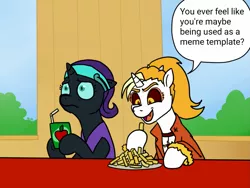 Size: 1439x1080 | Tagged: safe, artist:pony quarantine, derpibooru import, edit, editor:apex soundwave, oc, oc:dyx, oc:nyx, unofficial characters only, alicorn, pony, caption, duo, eating, exploitable meme, female, filly, fourth wall, image macro, meme, meta, text, uncomfortable