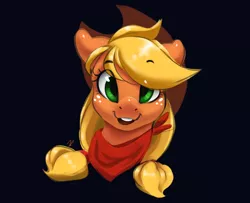 Size: 1600x1300 | Tagged: safe, artist:moondreamer16, derpibooru import, applejack, earth pony, pony, alternate hairstyle, bandana, black background, bust, cowboy hat, cute, female, hat, jackabetes, looking at you, mare, pigtails, ponytail, simple background, smiling, solo, stetson, twintails