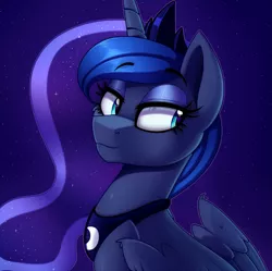 Size: 1681x1674 | Tagged: safe, artist:thegamblehorse, deleted from derpibooru, derpibooru import, princess luna, alicorn, pony, cheek fluff, crown, cute, ethereal mane, female, jewelry, lidded eyes, lunabetes, mare, night, regalia, solo, starry mane, stars, wing fluff