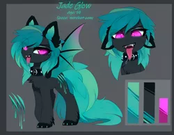 Size: 5560x4320 | Tagged: safe, artist:magnaluna, derpibooru import, oc, oc:jade glow, unofficial characters only, bat pony, pony, adoptable, bat pony oc, bat wings, chest fluff, collar, fangs, forked tongue, gray background, open mouth, reference, reference sheet, simple background, slit eyes, slit pupils, solo, spiked collar, tongue out, wings