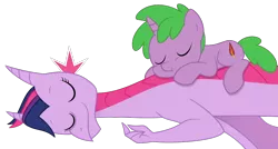 Size: 900x481 | Tagged: safe, artist:queencold, derpibooru import, spike, twilight sparkle, ponified, dragon, pony, unicorn, colt, commission, cute, dragoness, dragonified, duo, eyes closed, female, foal, male, ponified spike, role reversal, simple background, sleeping, species swap, spikabetes, transparent background, twilidragon