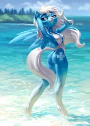 Size: 1772x2480 | Tagged: suggestive, artist:holivi, derpibooru import, oc, oc:icy heart, unofficial characters only, anthro, pegasus, unguligrade anthro, absolute cleavage, anthro oc, armpits, ass, beach, beautiful, boobs and butt pose, bottomless, breasts, butt, cleavage, clothes, commission, female, freckles, legs, long legs, looking back, mare, ocean, one-piece swimsuit, open-back swimsuit, partial nudity, smiling, smirk, socks (coat marking), solo, solo female, swimsuit, thong swimsuit, white swimsuit, windswept mane, ych result