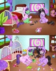 Size: 3338x4239 | Tagged: safe, artist:kaikururu, derpibooru import, oc, oc:crescent star, oc:quantum shift, unofficial characters only, crystal pony, pony, unicorn, adult foal, bed, bedroom, chest, clothes, controller, crib mobile, crystal unicorn, cute, diaper, diaper fetish, fetish, game, girly, happy, hood, hoof sucking, hypnosis, image, jpeg, magic, male, mittens, onesie, open mouth, pajamas, pastel, paws, plant, reality shift, reality warp, sissy, stallion, story included, swirls, swirly eyes, teddy bear, television, toy, transforming clothes, video game