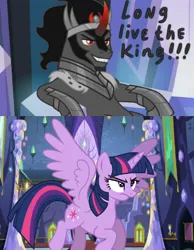 Size: 350x450 | Tagged: safe, derpibooru import, edit, edited screencap, screencap, king sombra, twilight sparkle, twilight sparkle (alicorn), alicorn, pony, unicorn, the beginning of the end, sitting, stupid sexy sombra, throne, vector