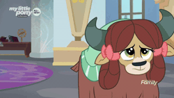 Size: 800x450 | Tagged: safe, derpibooru import, screencap, sandbar, yona, earth pony, pony, yak, she's all yak, animated, blushing, cloven hooves, cute, discovery family logo, duo, female, frown, gif, grinning potato, male, nervous, sandabetes, school of friendship, shipping fuel, shy, smiling, talking, teenager