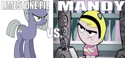 Size: 677x313 | Tagged: safe, derpibooru import, edit, edited screencap, editor:undeadponysoldier, screencap, limestone pie, earth pony, human, pony, angry, caption, cartoon network logo, clothes, dress, female, headband, image macro, mandy, mare, simple background, split screen, text, the grim adventures of billy and mandy, vs., white background