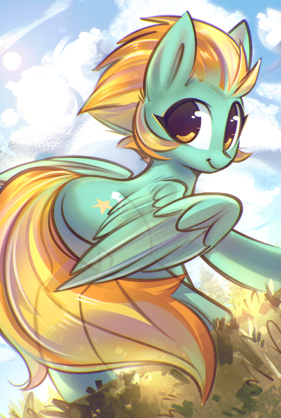 Size: 808x1200 | Tagged: safe, artist:mirroredsea, derpibooru import, lightning dust, pegasus, pony, cloud, cute, dustabetes, female, grass, looking at you, mare, sky, smiling, solo, spread wings, sun, transparent tail, transparent wings, wings