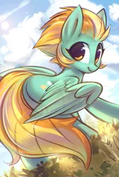 Size: 808x1200 | Tagged: safe, artist:mirroredsea, derpibooru import, lightning dust, pegasus, pony, cloud, cute, dustabetes, female, grass, looking at you, mare, sky, smiling, solo, spread wings, sun, transparent tail, transparent wings, wings