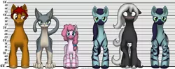 Size: 3267x1298 | Tagged: safe, artist:glacierfrostclaw, derpibooru import, oc, oc:endless walk, oc:iron harvest, oc:lovey dovey, oc:soft hoof, oc:tiki suncat, earth pony, hybrid, pony, zebra, zony, ponyfinder, blushing, dungeons and dragons, female, ghostpony, male, mare, pathfinder, pen and paper rpg, rpg, rule 63, shortleg, size chart, size comparison, stallion, suncat