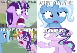 Size: 678x471 | Tagged: safe, derpibooru import, edit, edited screencap, editor:undeadponysoldier, screencap, starlight glimmer, trixie, unicorn, all bottled up, the cutie map, angry, caption, discovery family logo, female, funny, funny as hell, image macro, lord moldybutt, mare, meme, misspelling, oops, quiet, reference, s5 starlight, text, the grim adventures of billy and mandy, vein bulge, wrong aspect ratio, yelling