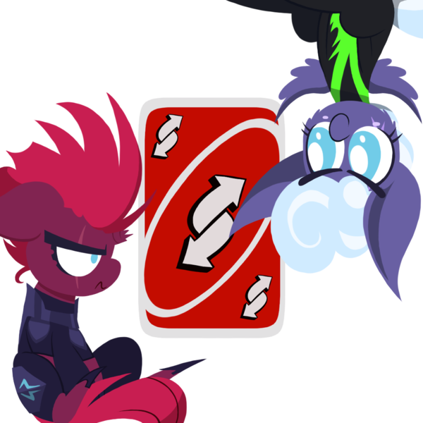 Size: 1000x1000 | Tagged: safe, artist:dragonpone, derpibooru import, rolling thunder, tempest shadow, pegasus, pony, unicorn, the washouts (episode), angry, blush sticker, blushing, broken horn, card, cheek fluff, clothes, duo, eye scar, female, floppy ears, frown, horn, lineless, mare, reverse card, scar, simple background, sitting, smiling, transparent background, uniform, uno, upside down, washouts uniform