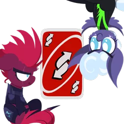 Size: 1000x1000 | Tagged: safe, artist:dragonpone, derpibooru import, rolling thunder, tempest shadow, pegasus, pony, unicorn, the washouts (episode), angry, blush sticker, blushing, broken horn, card, cheek fluff, clothes, duo, eye scar, female, floppy ears, frown, horn, lineless, mare, reverse card, scar, simple background, sitting, smiling, transparent background, uniform, uno, upside down, washouts uniform