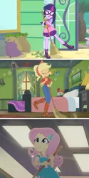Size: 1075x2151 | Tagged: safe, derpibooru import, screencap, applejack, fluttershy, twilight sparkle, equestria girls, equestria girls series, five to nine, my little shop of horrors, so much more to me, applejack's bedroom, clothes, shorts