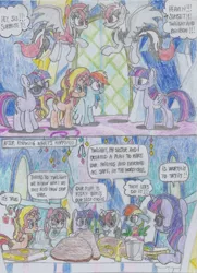 Size: 1536x2121 | Tagged: safe, artist:nephilim rider, derpibooru import, mr. turnip, rainbow dash, sci-twi, sunset shimmer, twilight sparkle, twilight sparkle (alicorn), oc, oc:heaven lost, ponified, alicorn, pony, unicorn, equestria girls, equestria girls series, spring breakdown, spoiler:eqg series (season 2), book, chest, cutie map, equestria girls ponified, scroll, traditional art, twilight's castle, unicorn sci-twi