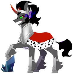 Size: 2002x2047 | Tagged: safe, artist:ajue, artist:ajuee, banned from derpibooru, deleted from derpibooru, derpibooru import, king sombra, pony, umbrum, unicorn, armor, crystal, dark crystal, grin, image, leg fluff, leonine tail, male, png, profile, simple background, smiling, solo, sombra eyes, stallion, transparent background