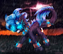 Size: 3500x3000 | Tagged: safe, artist:cornelia_nelson, derpibooru import, oc, ponified, dracony, dragon, hybrid, pony, angry, bracelet, gem, glow, glowing eyes, jewelry, lightning, long tail, male, necklace, open mouth, rain, solo, storm