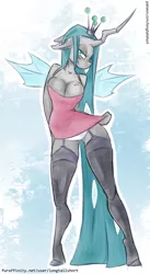 Size: 562x1024 | Tagged: suggestive, artist:longtailshort, derpibooru import, queen chrysalis, anthro, changeling, bedroom eyes, breasts, busty queen chrysalis, cleavage, clothes, crown, dress, female, jewelry, panties, regalia, reversalis, solo, solo female, underwear, white underwear