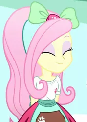 Size: 493x692 | Tagged: safe, derpibooru import, screencap, fluttershy, eqg summertime shorts, equestria girls, pet project, beautiful, bow, cropped, cute, eyes closed, female, hair bow, hands behind back, shyabetes, solo